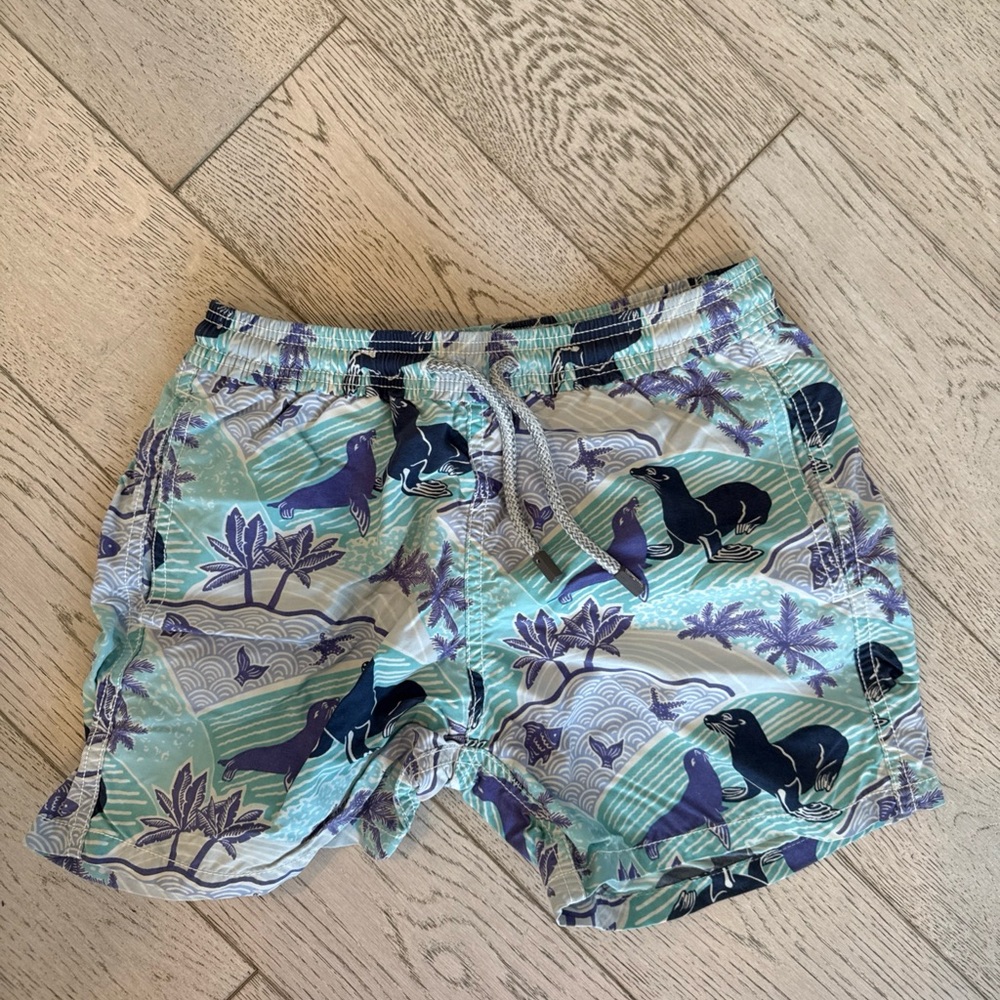 Vilebrequin boys size 8 Mint, Navy & Purple Seal-Print Swim Shorts